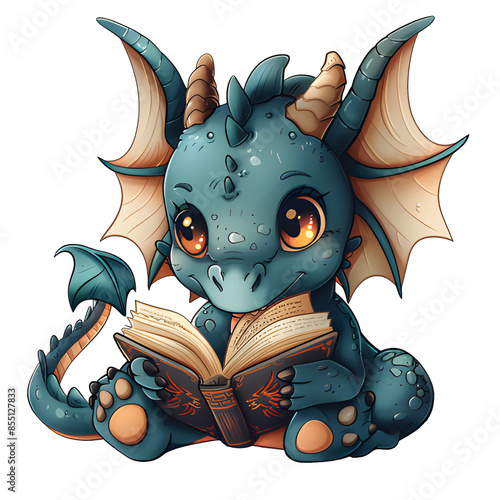 Flat 2d illustration vector of a young dragon reading a book, on  Transparent background