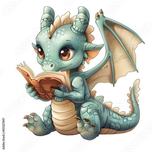 Flat 2d illustration vector of a young dragon reading a book, on  Transparent background