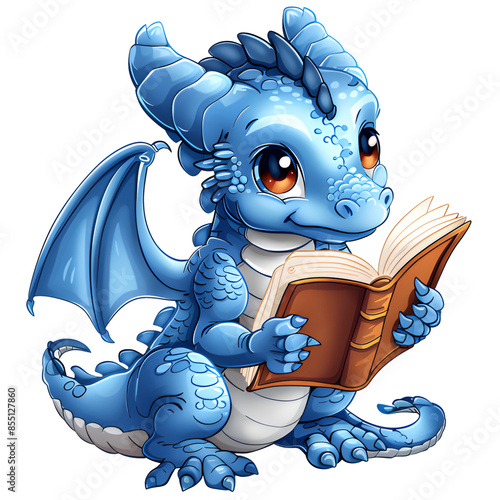 Flat 2d illustration vector of a young dragon reading a book, on  Transparent background