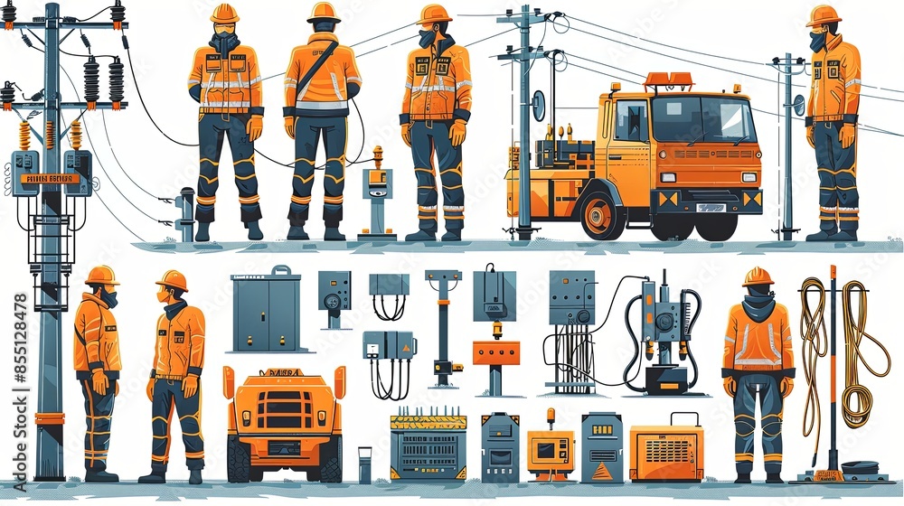 Fototapeta premium Vector illustration set of electrical workers. Illustration for website, landing page, mobile app, poster and banner. Trendy flat vector illustration