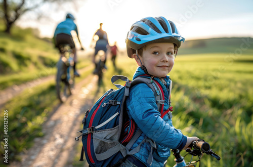A young boy wearing a helmet and blue backpack is standing next to his bike on the side of a dirt road, with parents riding their bikes in the background © Kien
