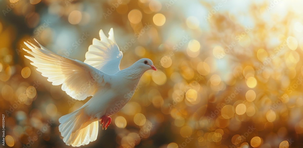 Fototapeta premium White Dove Flying Through Bokeh Light In The Afternoon