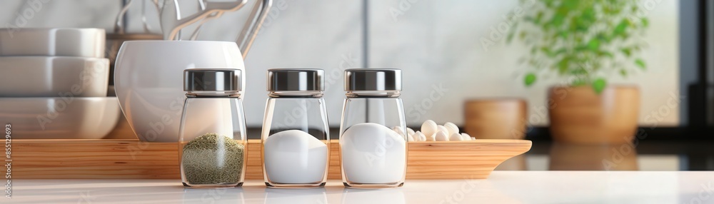 Set of three spice jars on a kitchen counter, featuring salt, pepper, and spices with a wooden tray and plant in the background. Set of three spice jars on a kitchen counter, featuring salt, pepper, and spices with a wooden tray and plant in the background.