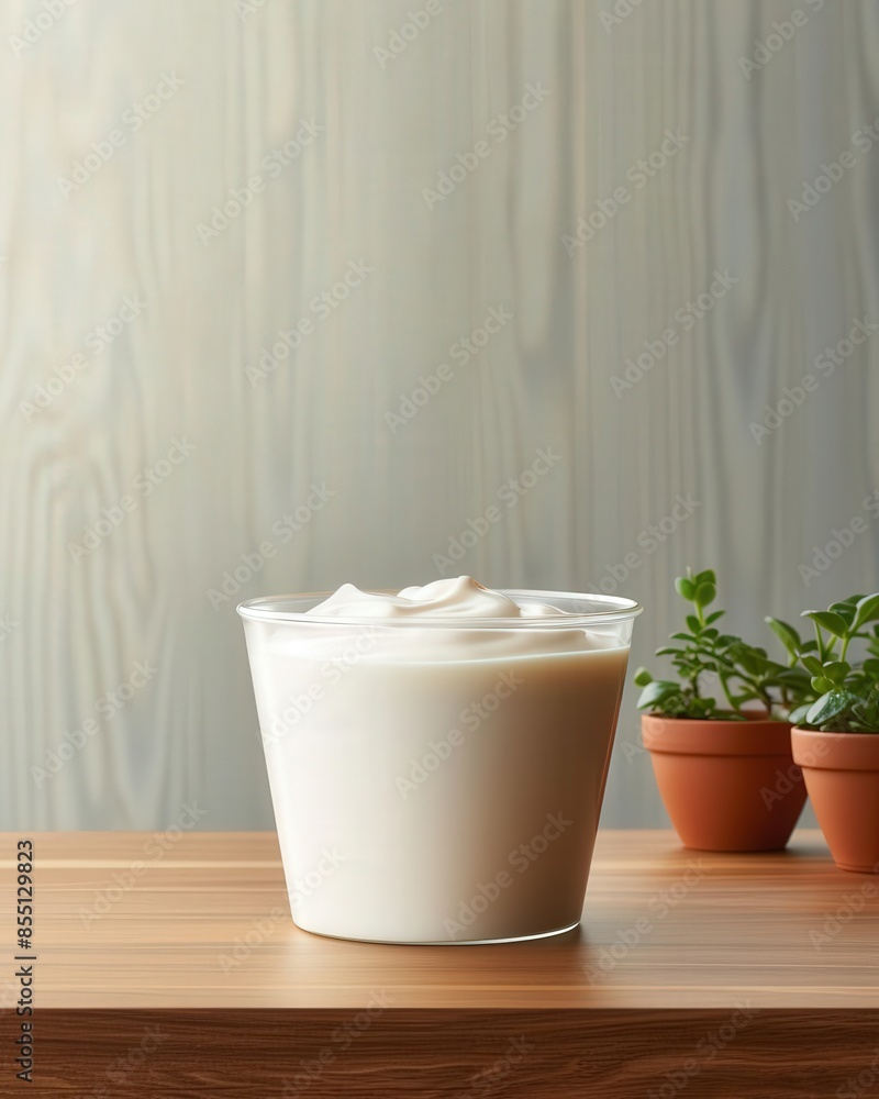 A fresh cup of creamy yogurt on a wooden table, accompanied by green plants in small terracotta pots. Healthy and organic snack. A fresh cup of creamy yogurt on a wooden table, accompanied by green plants in small terracotta pots. Healthy and organic snack.
