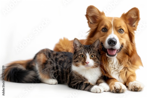 Cat and dog together as friends on a white background