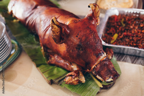 Close-up of the popular, delicious and crispy roasted pig known as 