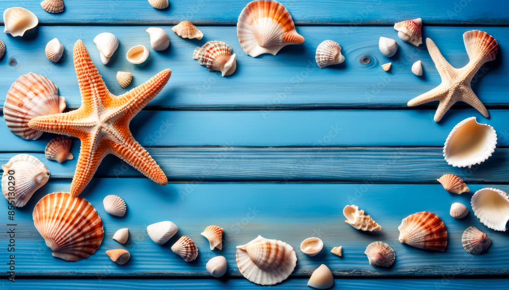 summer scene concept with sea shells and starfish on top view a blue wooden background. with empty space on center copy space for text summer scene concept with sea shells and starfish on top view a blue wooden background. with empty space on center copy space for text