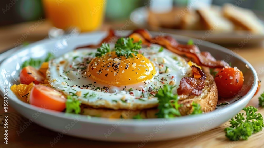 Close-up of a breakfast plate with a sunny-side up egg, bacon, toast, tomatoes, and parsley Close-up of a breakfast plate with a sunny-side up egg, bacon, toast, tomatoes, and parsley