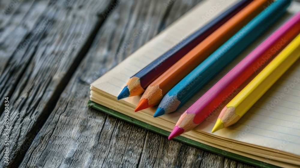 Colored pencils and notebook on wood surface Colored pencils and notebook on wood surface