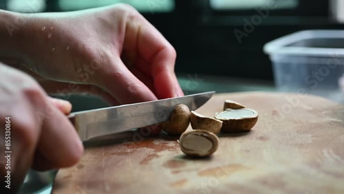 Footage of chef cutting a pieces of puff ball mushroom (other named is Earthstars mushroom) before cooking it. It is best eaten when young, boiled and served with spicy chili sauce. photo