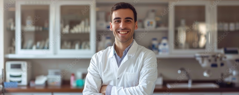 Fototapeta premium Happy european men dentist doctor with arms crossed in dental office, banner. Generative AI.