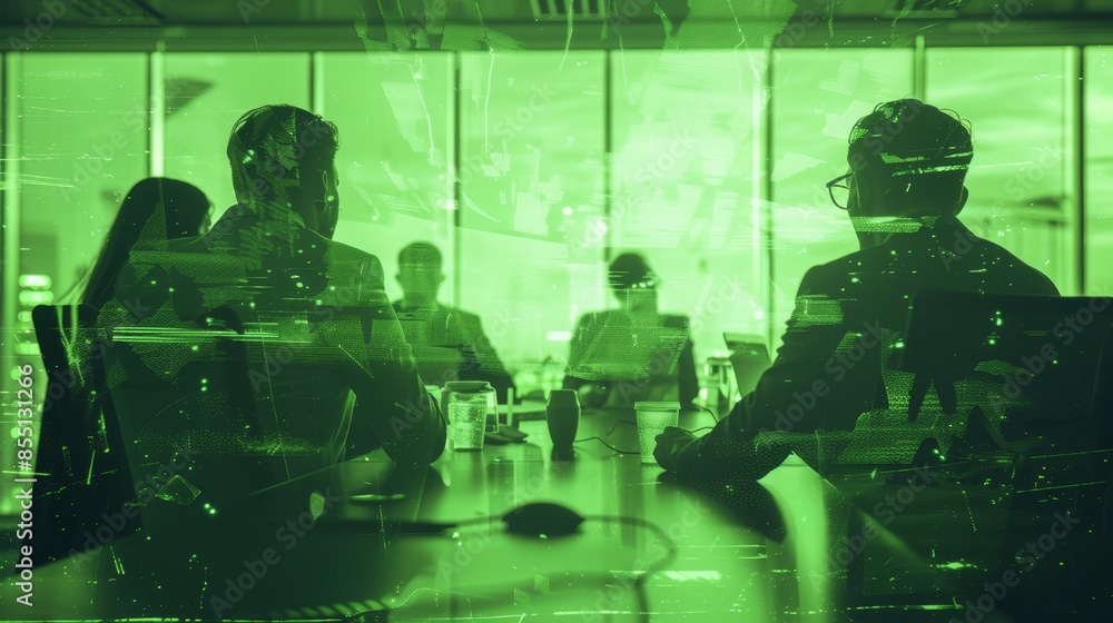 Dynamic Business Team Video Conference with Cinematic Green Tint and Artistic Photo Effects Dynamic Business Team Video Conference with Cinematic Green Tint and Artistic Photo Effects