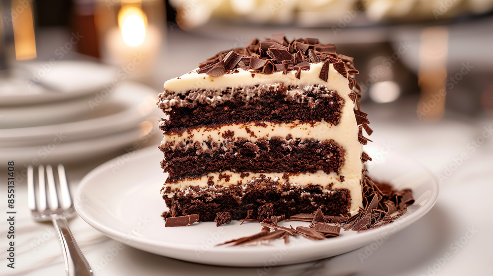 a decadent chocolate cake slice with rich layers, creamy frosting, and chocolate shavings