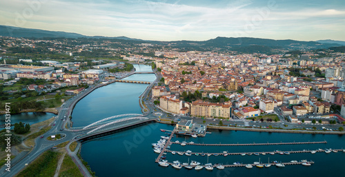 Panoramic aerial view of Spanish Galician city PONTEVEDRA. View of old town center with historic buildings. Cathedral of Pontevedra. River Lerez crossing the city. Famous travel destination.