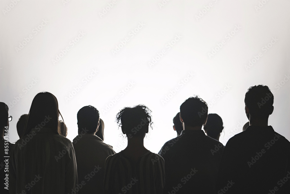 Obraz premium Silhouette of a group of people seen from behind against a white background, representing teamwork and collaboration.