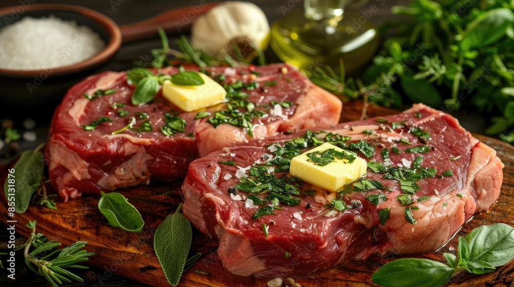 Two raw pork steaks with herbs and butter on a wooden board Two raw pork steaks with herbs and butter on a wooden board
