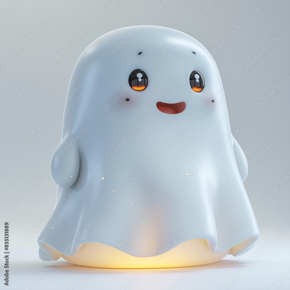 Adorable cartoon ghost with a happy expression and glowing base, set against a light background, ideal for Halloween themes. Adorable cartoon ghost with a happy expression and glowing base, set against a light background, ideal for Halloween themes.