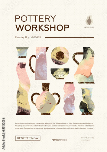 Pottery workshop advertising poster or web banner design template. Hand made ceramics and clay crockery vector flat illustration. Pottery lesson, ceramic studio, hobby master class invitation layout