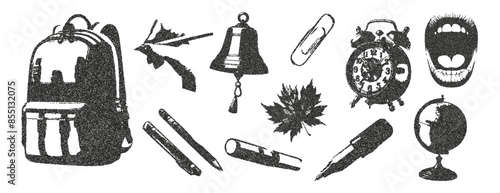 Trendy set of retro-style elements-photocopies Back to School. Backpack, alarm clock, pencil, pen, pen, globe, bell, paper clip, marker. Modern vector illustration with dotted halftones.