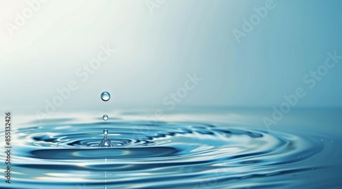 Pure water drop creating ripples in calm water