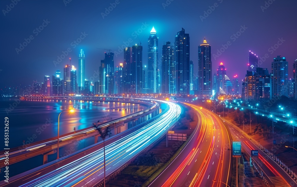 Fototapeta premium Highway with light trails leading to a city at night