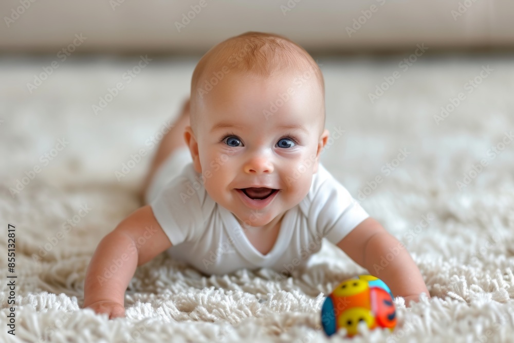 Cheerful baby playing with colorful toy on soft carpet Cheerful baby playing with colorful toy on soft carpet