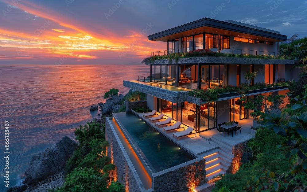 Obraz premium Modern coastal villa at sunset
