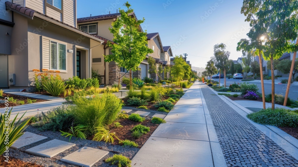 Permeable pavements in a residential neighborhood, reducing runoff and flooding, side view, demonstrating green infrastructure, digital tone, Splitcomplementary color scheme Permeable pavements in a residential neighborhood, reducing runoff and flooding, side view, demonstrating green infrastructure, digital tone, Splitcomplementary color scheme