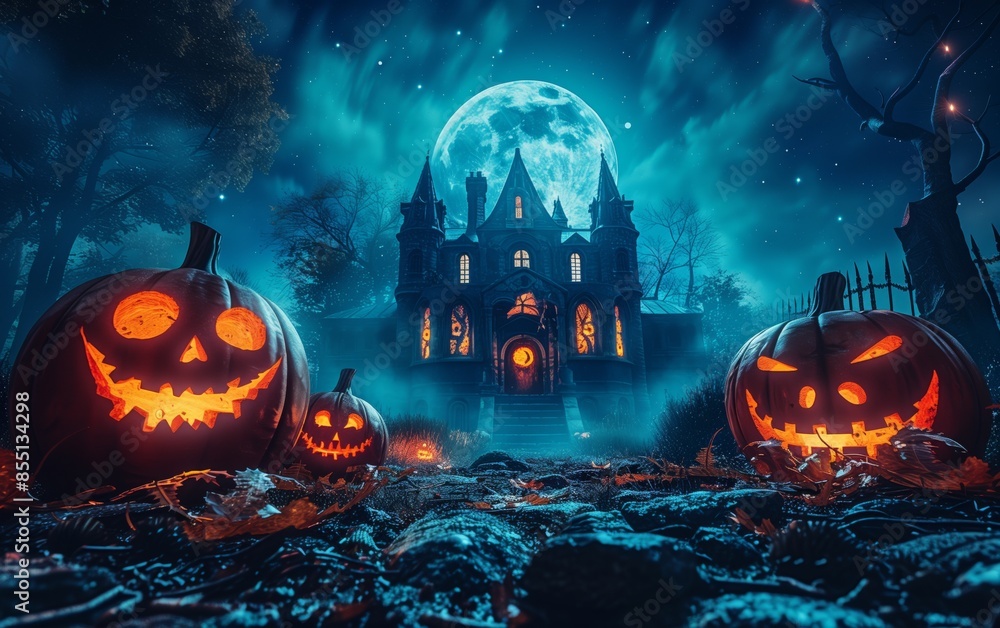 Spooky Halloween scene with jack-o'-lanterns and haunted house Spooky Halloween scene with jack-o'-lanterns and haunted house