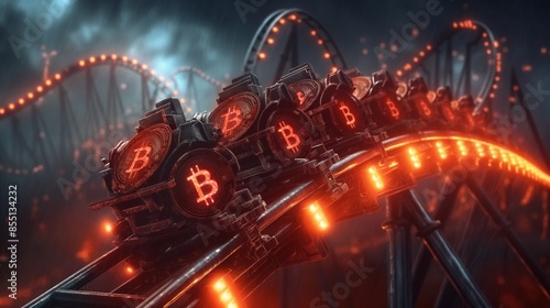 Glowing Bitcoin on roller coaster symbolizing price market the volatility of Bitcoin cryptocurrency markets. Design for finance, investment, and economic illustrations.