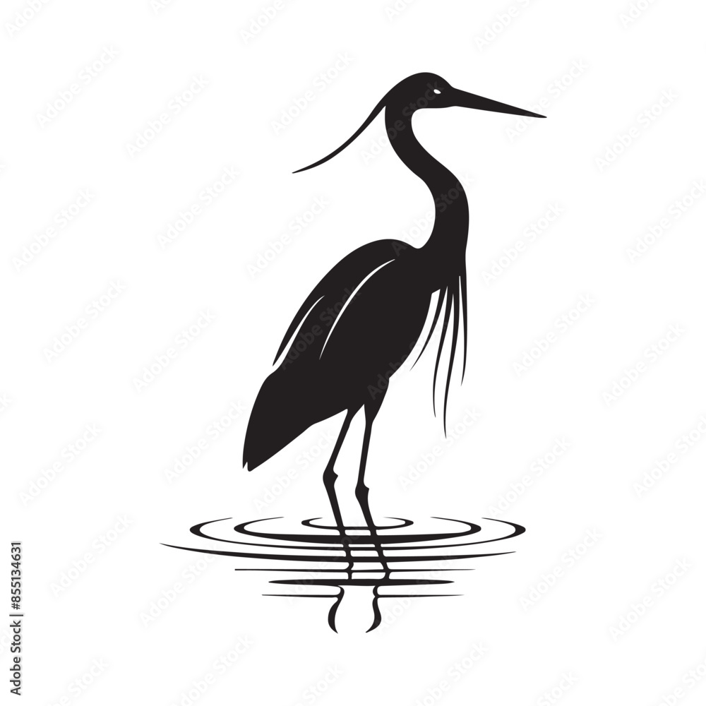 Fototapeta premium Heron on water black silhouette logo vector, heron on water icon illustration