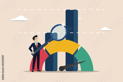 Benchmark performance or KPI key performance indicator, measurements to measure success, comparison concept, businessman zooming in on the scale of a benchmark metrics graph.