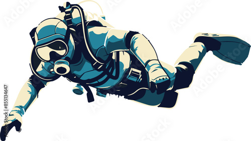 A man in a blue diving suit is swimming underwater