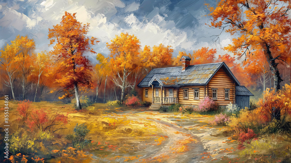 Small wooden house and autumn trees with orange yellow, artistic vision of beautiful autumn landscape, oil painting on canvas Wallpaper Poster Small wooden house and autumn trees with orange yellow, artistic vision of beautiful autumn landscape, oil painting on canvas Wallpaper Poster