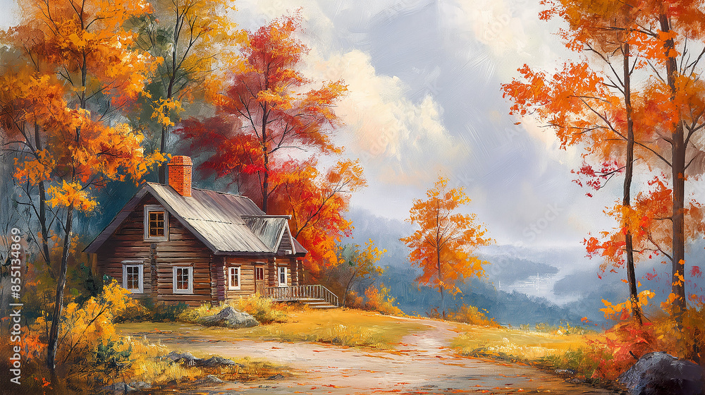 Small wooden house and autumn trees with orange yellow, artistic vision of beautiful autumn landscape, oil painting on canvas Wallpaper Poster Small wooden house and autumn trees with orange yellow, artistic vision of beautiful autumn landscape, oil painting on canvas Wallpaper Poster