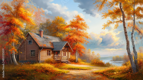 Small wooden house and autumn trees with orange yellow, artistic vision of beautiful autumn landscape, oil painting on canvas Wallpaper Poster