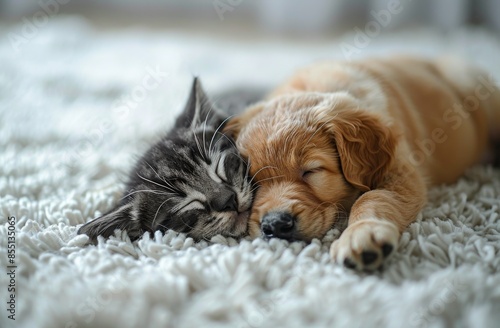 Adorable Kitten and Puppy Sleeping Together on a Soft Rug