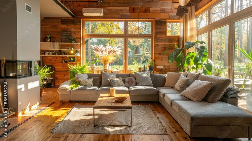 Natural wood materials in a cozy living room, warm and inviting atmosphere, front view, emphasizing sustainable interior design, robotic tone, Analogous Color Scheme Natural wood materials in a cozy living room, warm and inviting atmosphere, front view, emphasizing sustainable interior design, robotic tone, Analogous Color Scheme