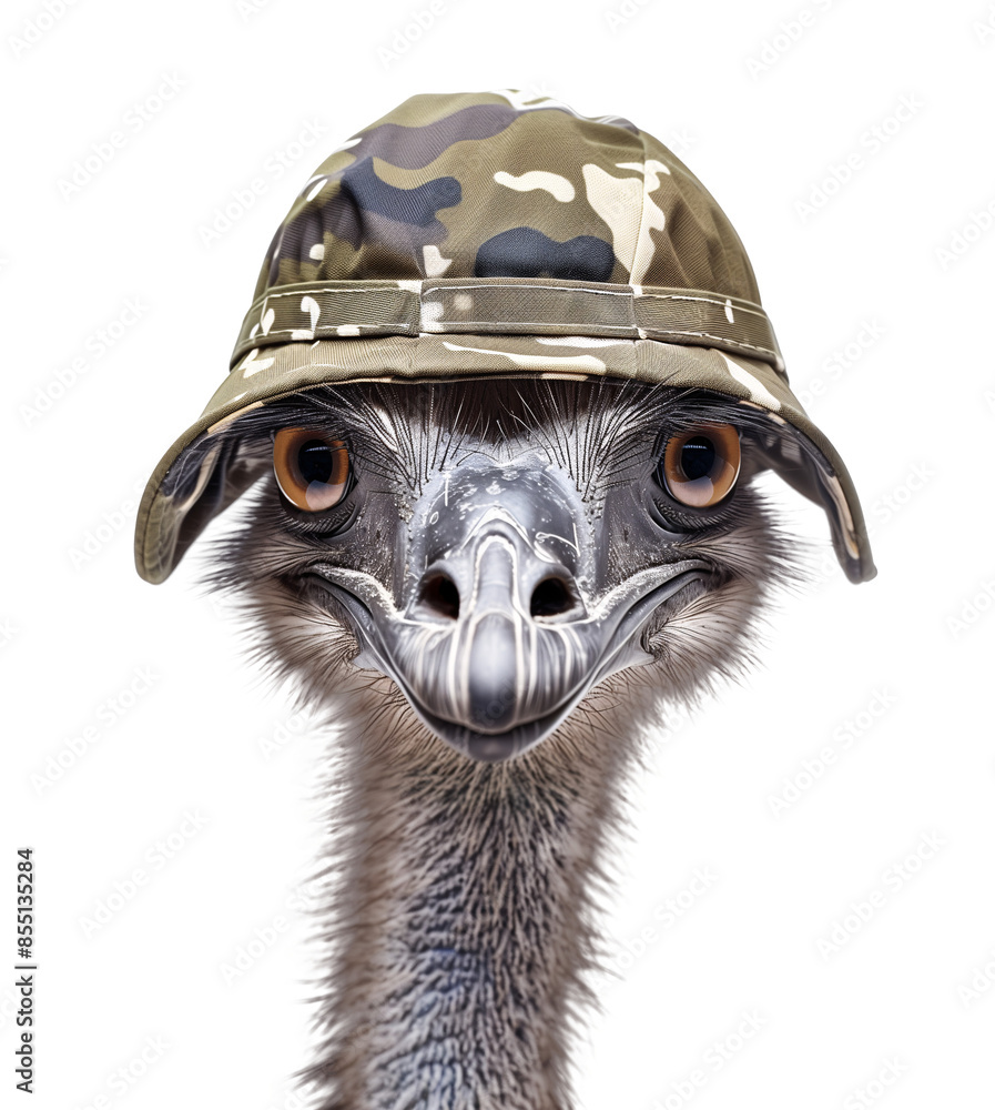 Head portrait of an emu bird wearing a war solider helmet, close up view
