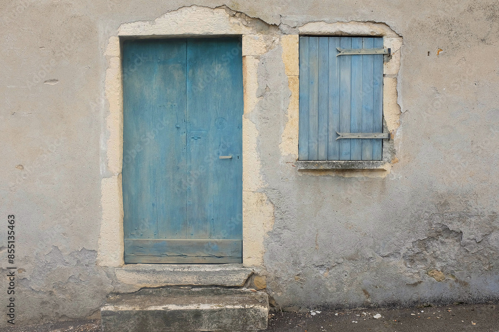 Weathered Blue Door and Shuttered Window, Cracked Stone Wall, Southern France Weathered Blue Door and Shuttered Window, Cracked Stone Wall, Southern France