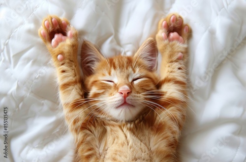 Adorable Orange Tabby Kitten Sleeping on White Bedding With Paws Raised