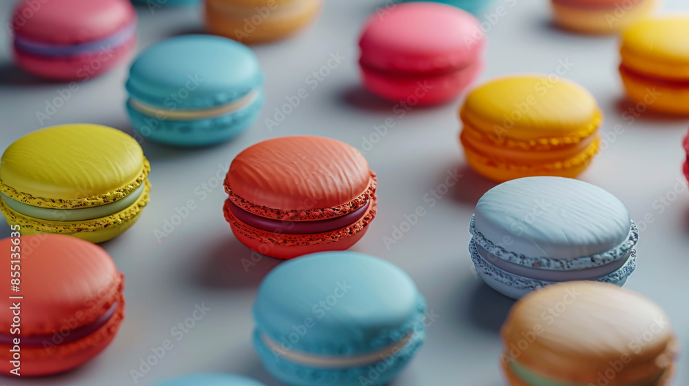 many colorful macarons cookies lie next to each other, blue background many colorful macarons cookies lie next to each other, blue background