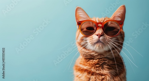 Orange Tabby Cat Wearing Sunglasses Against A Blue Background