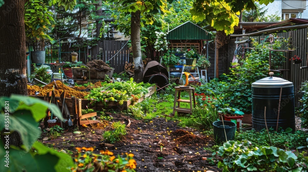Composting area in a backyard garden, organic waste management setup, front view, promoting zerowaste lifestyle, cybernetic tone, Triadic Color Scheme Composting area in a backyard garden, organic waste management setup, front view, promoting zerowaste lifestyle, cybernetic tone, Triadic Color Scheme