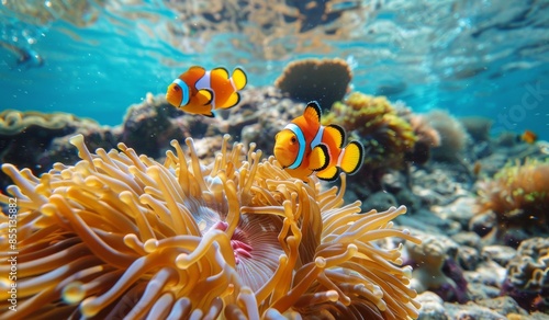 Two Clownfish Swimming Near a Sea Anemone in a Tropical Reef