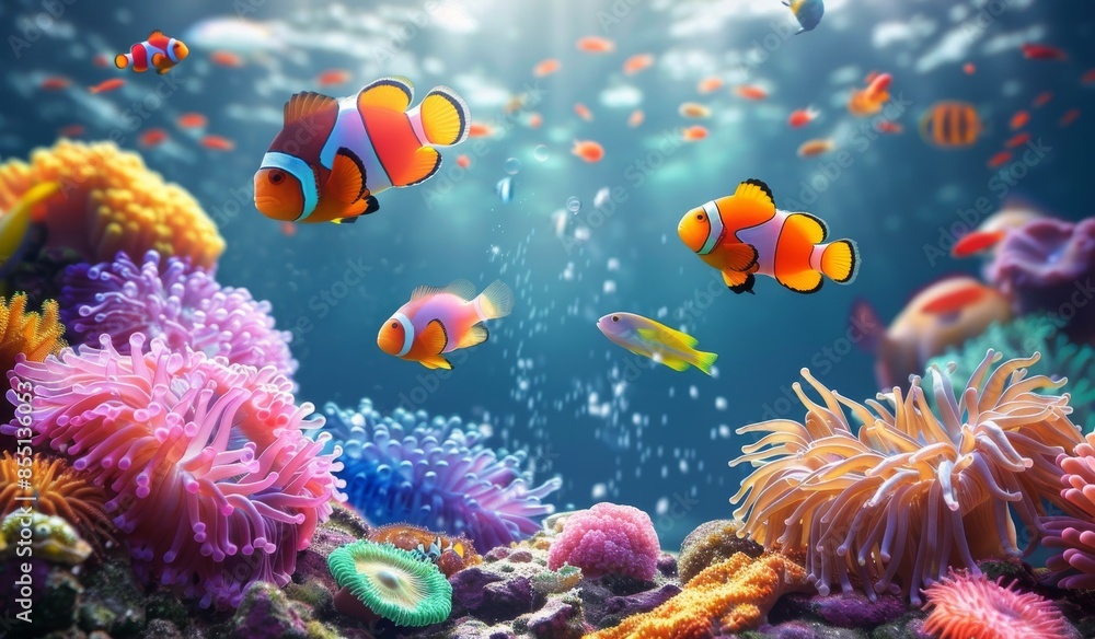 Obraz premium Two Clownfish Swimming Near a Sea Anemone in a Tropical Reef