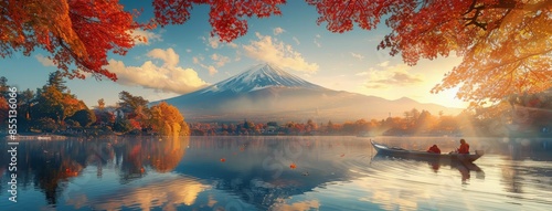 Majestic Mount Fuji Sunrise With Autumn Leaves and Boat on Lake