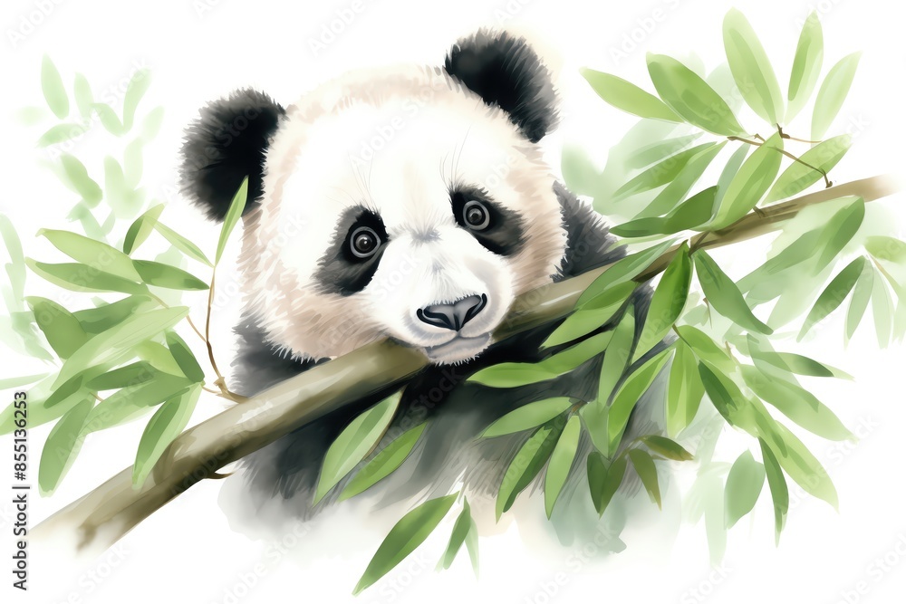Naklejka premium A serene panda, wildlife element, watercolor illustration, soft pastels, isolated on white background