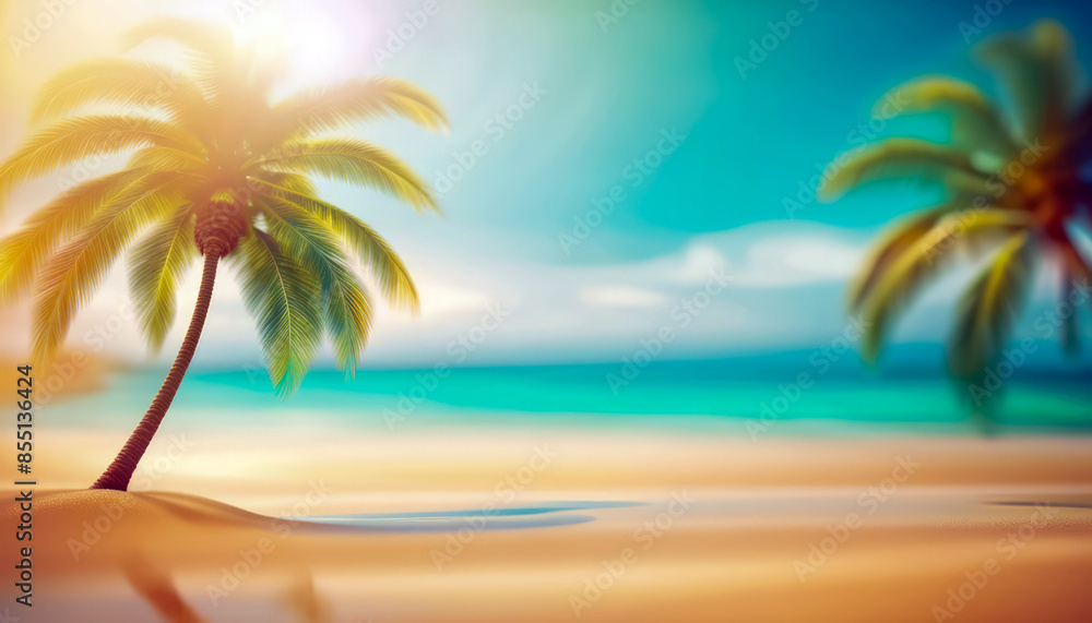 Obraz premium bright Abstract seascape with palm tree, tropical beach background. blur bokeh light of calm sea and sky. summer vacation background concept.