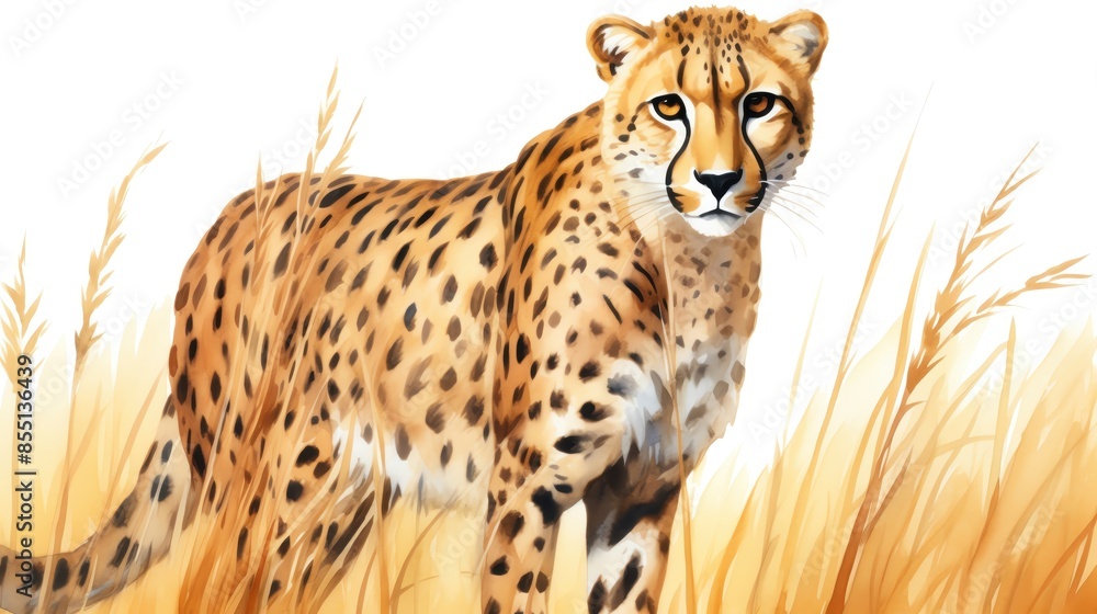 Obraz premium A swift cheetah, wildlife element, watercolor illustration, energetic colors, isolated on white background